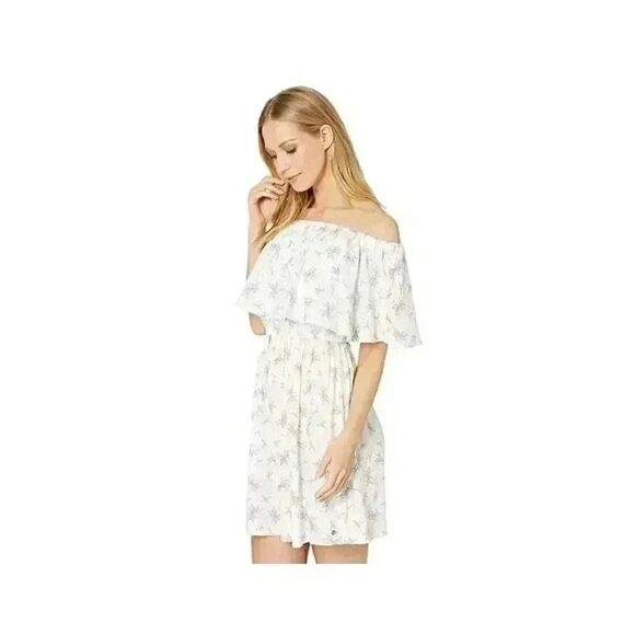 Roxy Women's White & Pink Mini Floral Cotton/Rayon Off the Shoulder Mini Dress - Picture 4 of 14